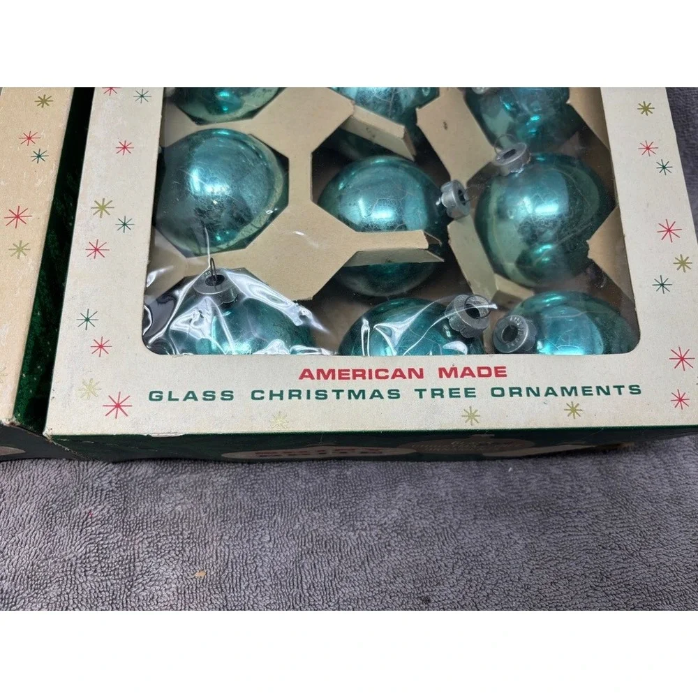 Shiny Brite Glass Ornaments Blue Silver Vintage 12pc MCM USA Made Box Set
